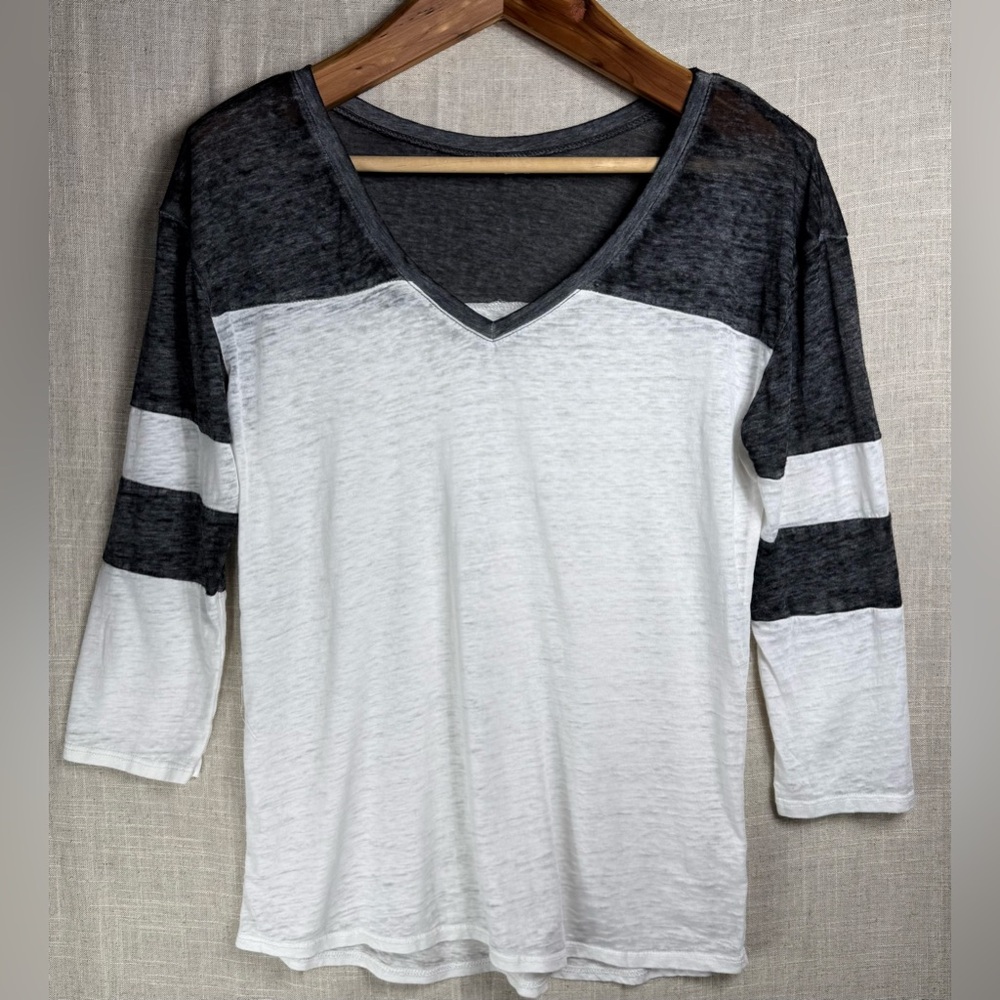 Recycled Karma Charcoal & White V-Neck Raglan Long Sleeve Tee L